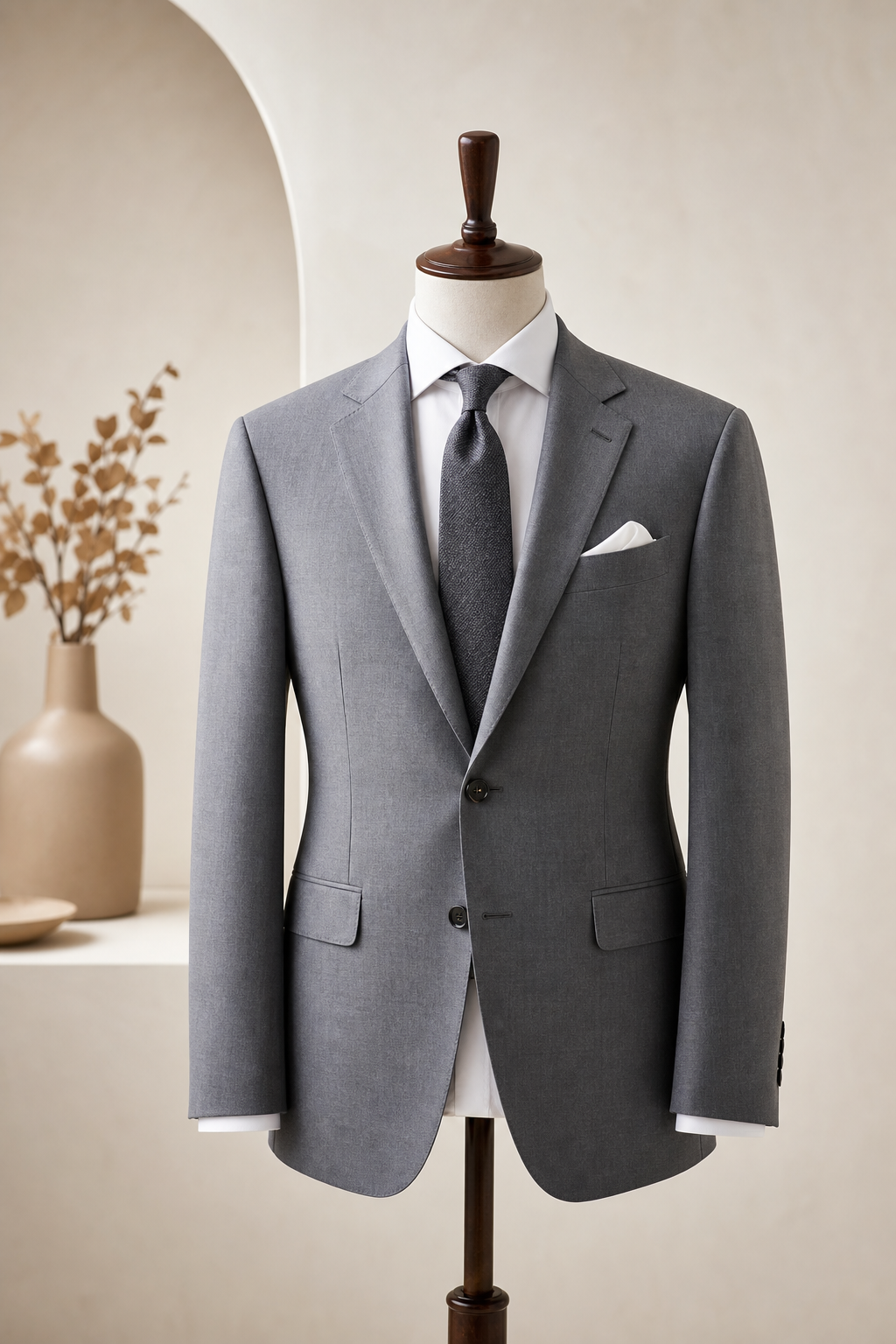 Mid-grey two-button formal suit with classic lapel and clean front profile