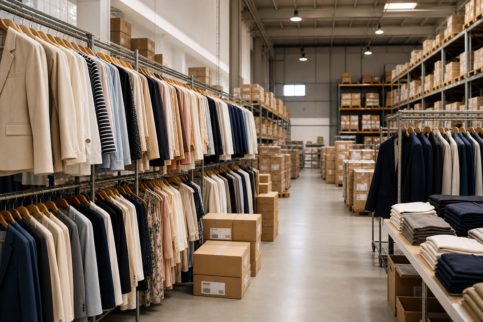 Wholesale garment warehouse with organized hanging rails and packed cartons for volume distribution to regional buyers