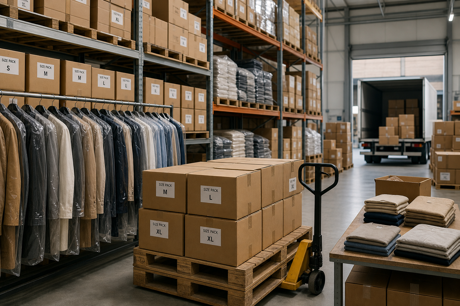 Wholesale distribution cartons and hanging garments staged for bulk dispatch