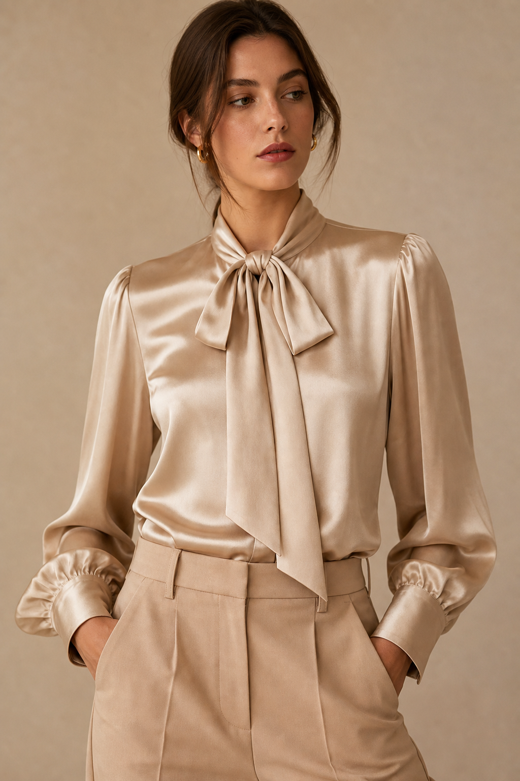 Fluid satin tie-neck blouse in champagne beige with long sleeves