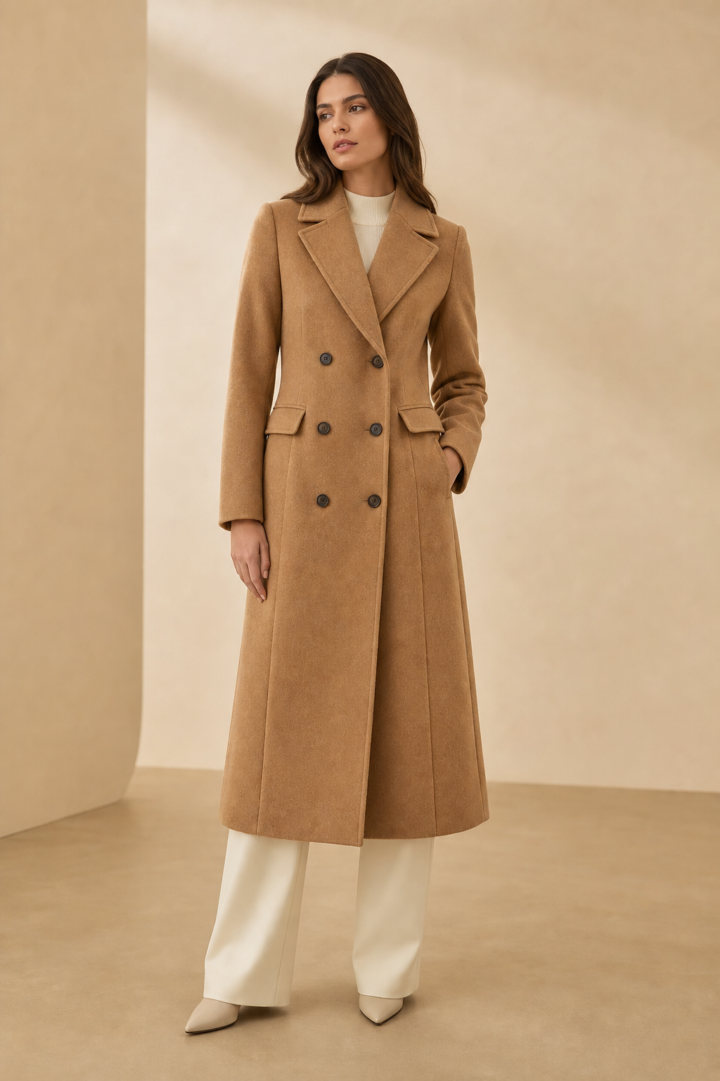 Double-breasted wool blend long coat in camel with tailored lapel