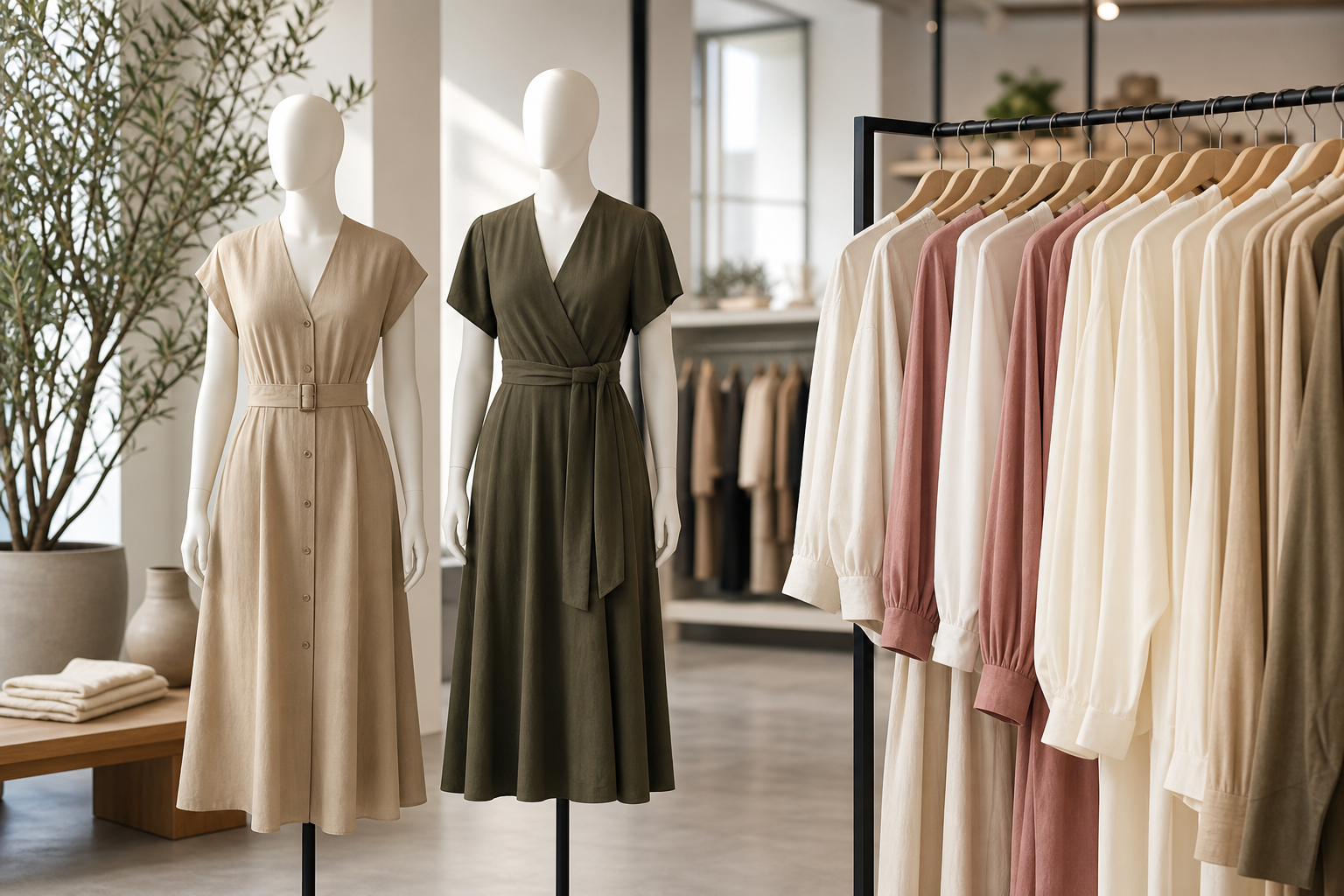 Women collection apparel display with modern dresses and blouses in a professional showroom