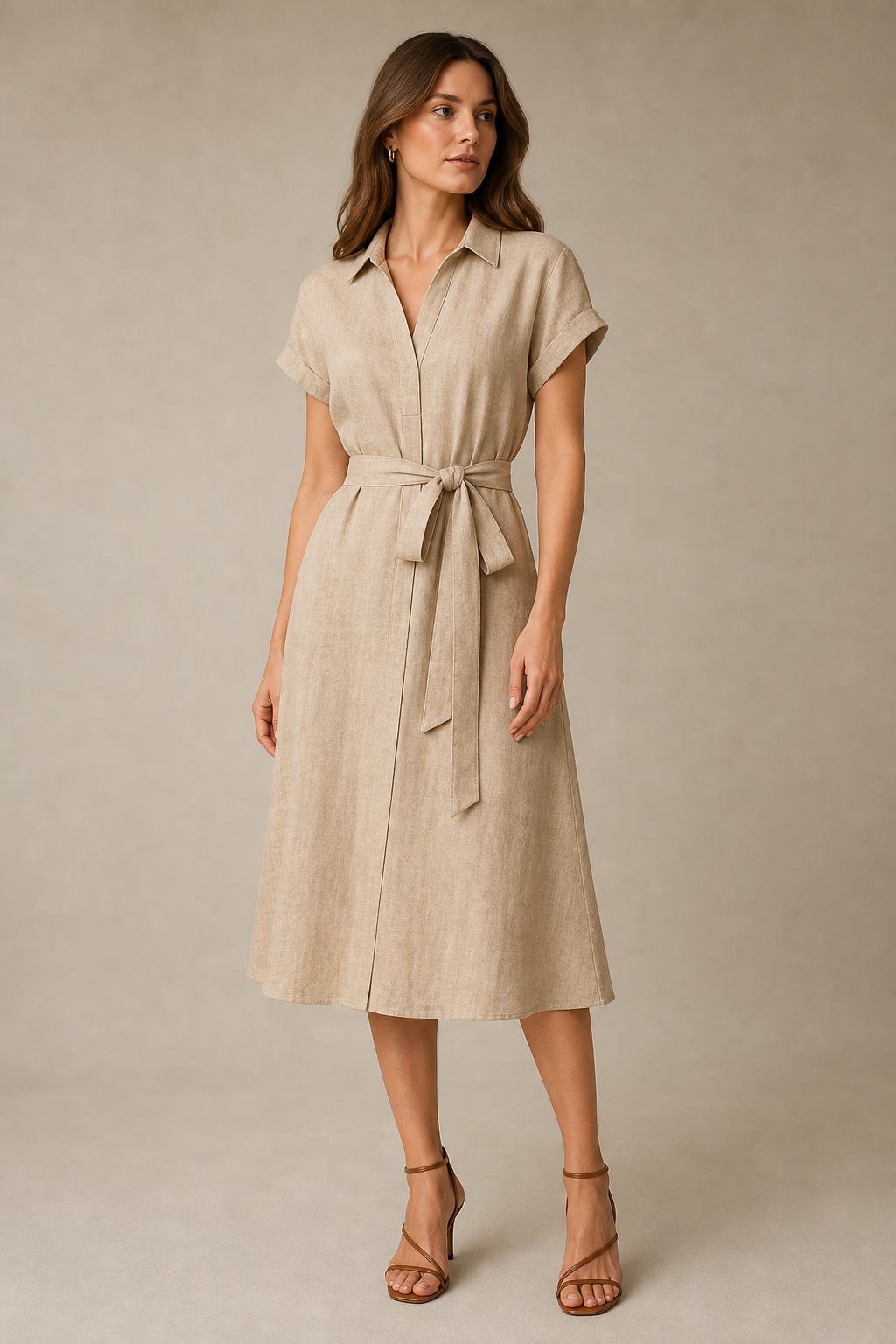 Belted linen midi dress in warm sand tone on a studio model