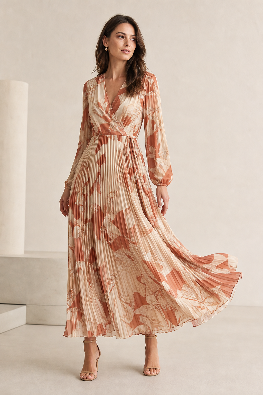 Printed wrap maxi dress with pleated skirt in soft terracotta palette