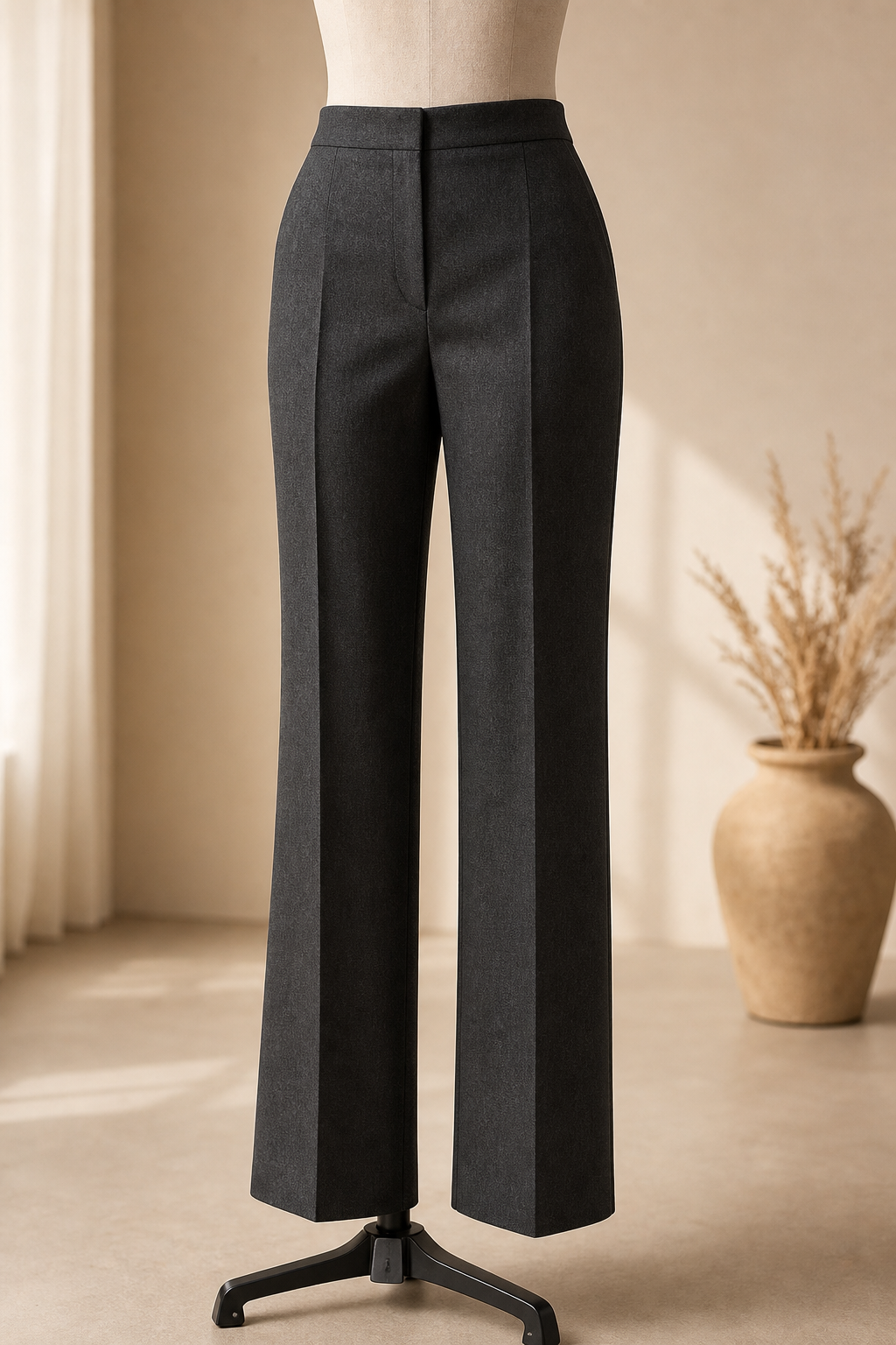 Charcoal high-waist women trousers with clean front crease displayed on mannequin