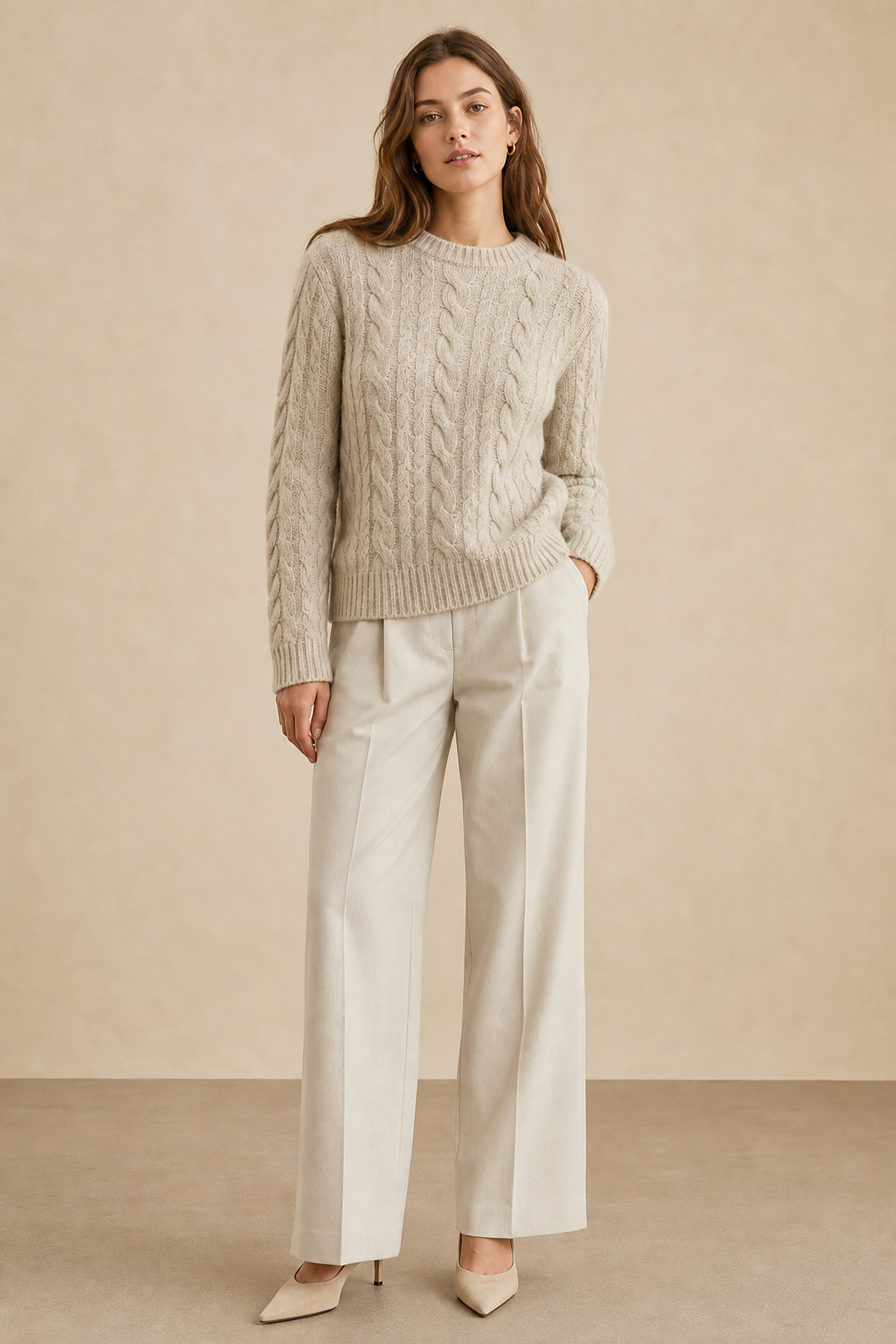 Merino cable knit crew sweater in oatmeal color with textured pattern