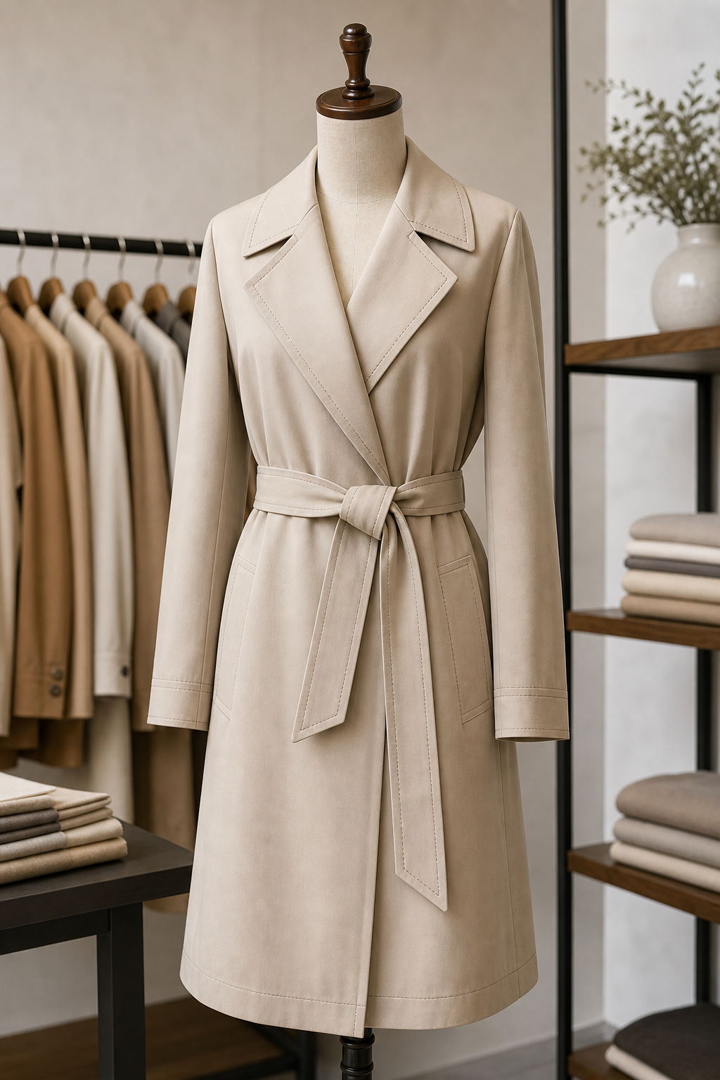 Light beige trench coat with belt tie and lapel detail displayed in studio