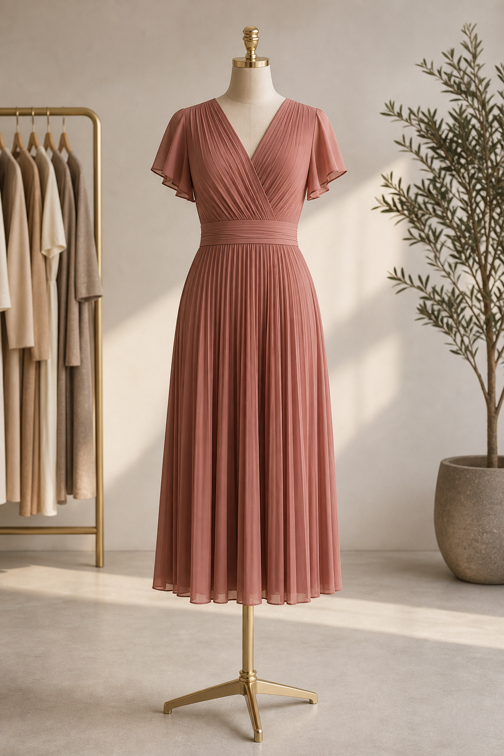 Dusty rose pleated midi dress on a mannequin in a clean showroom corner