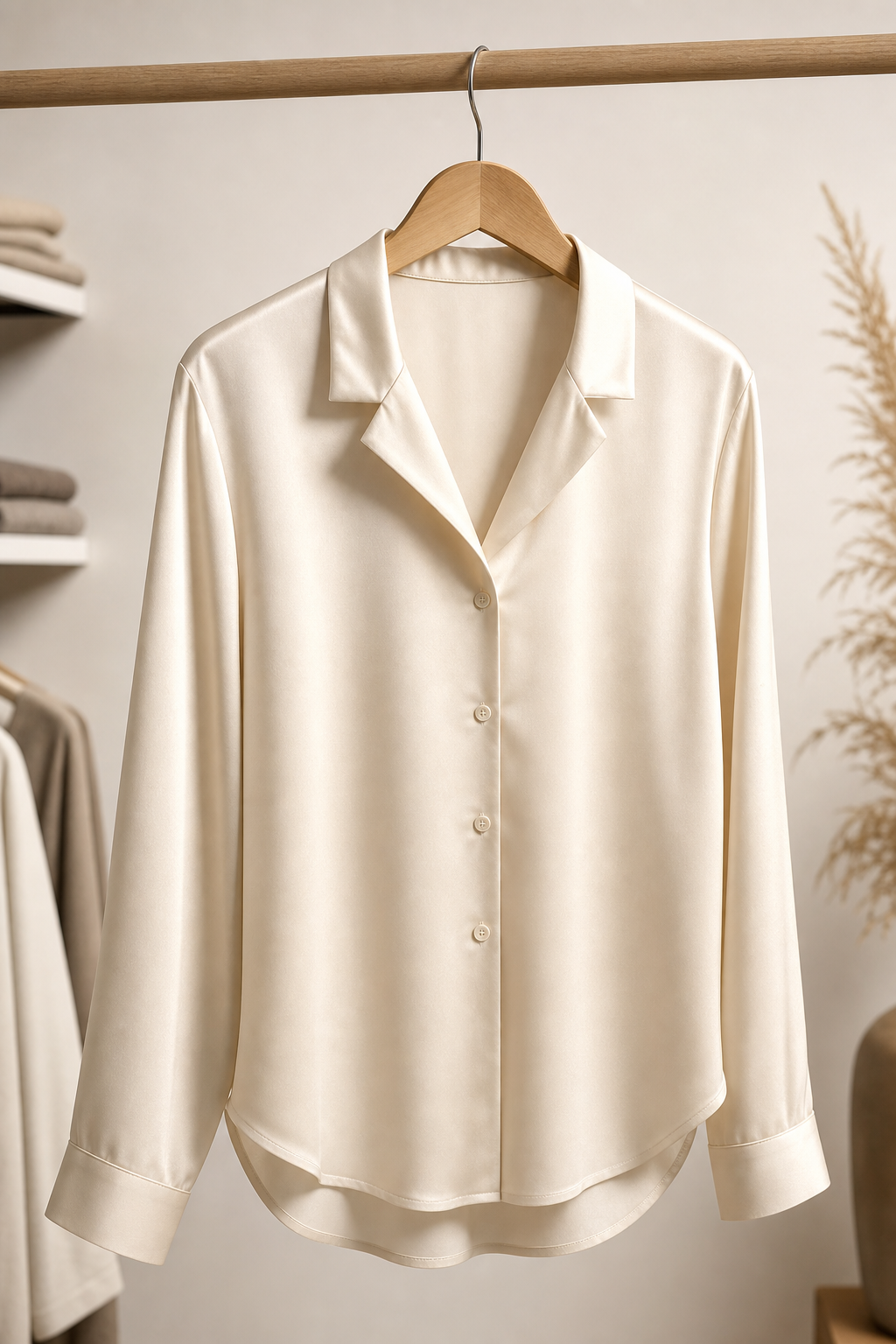 Ivory satin work blouse with covered placket on a wooden hanger
