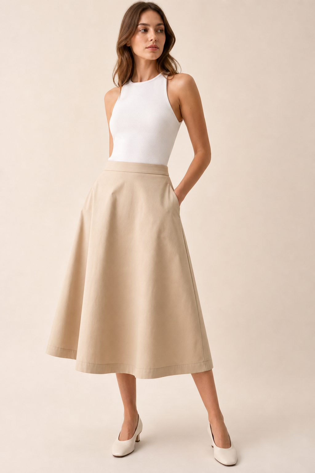 A-line midi skirt in structured twill fabric, beige tone, front view