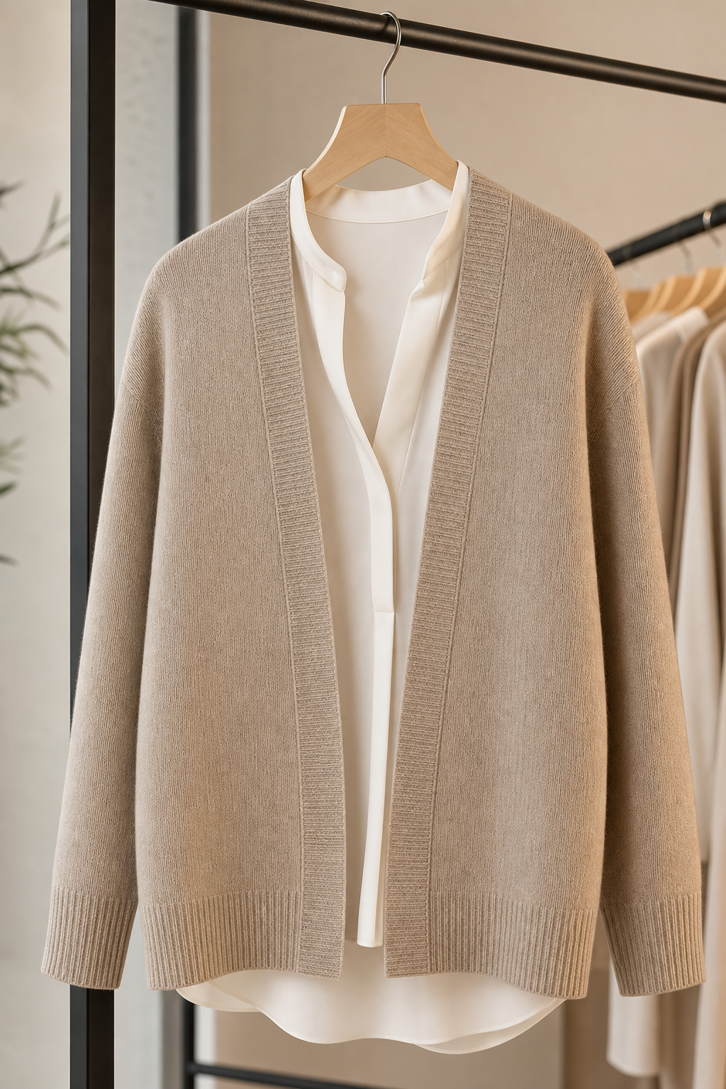 Soft taupe women cardigan layered over a light blouse on a hanger