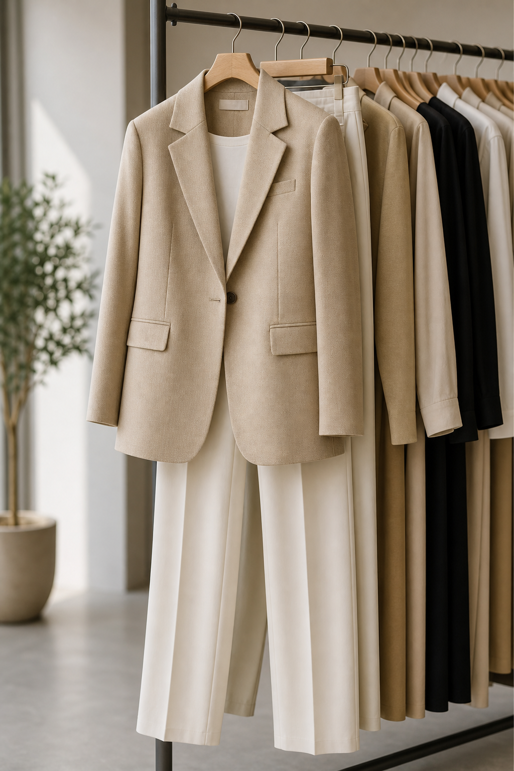 Women apparel rail featuring a sand structured blazer with cream straight-leg trousers