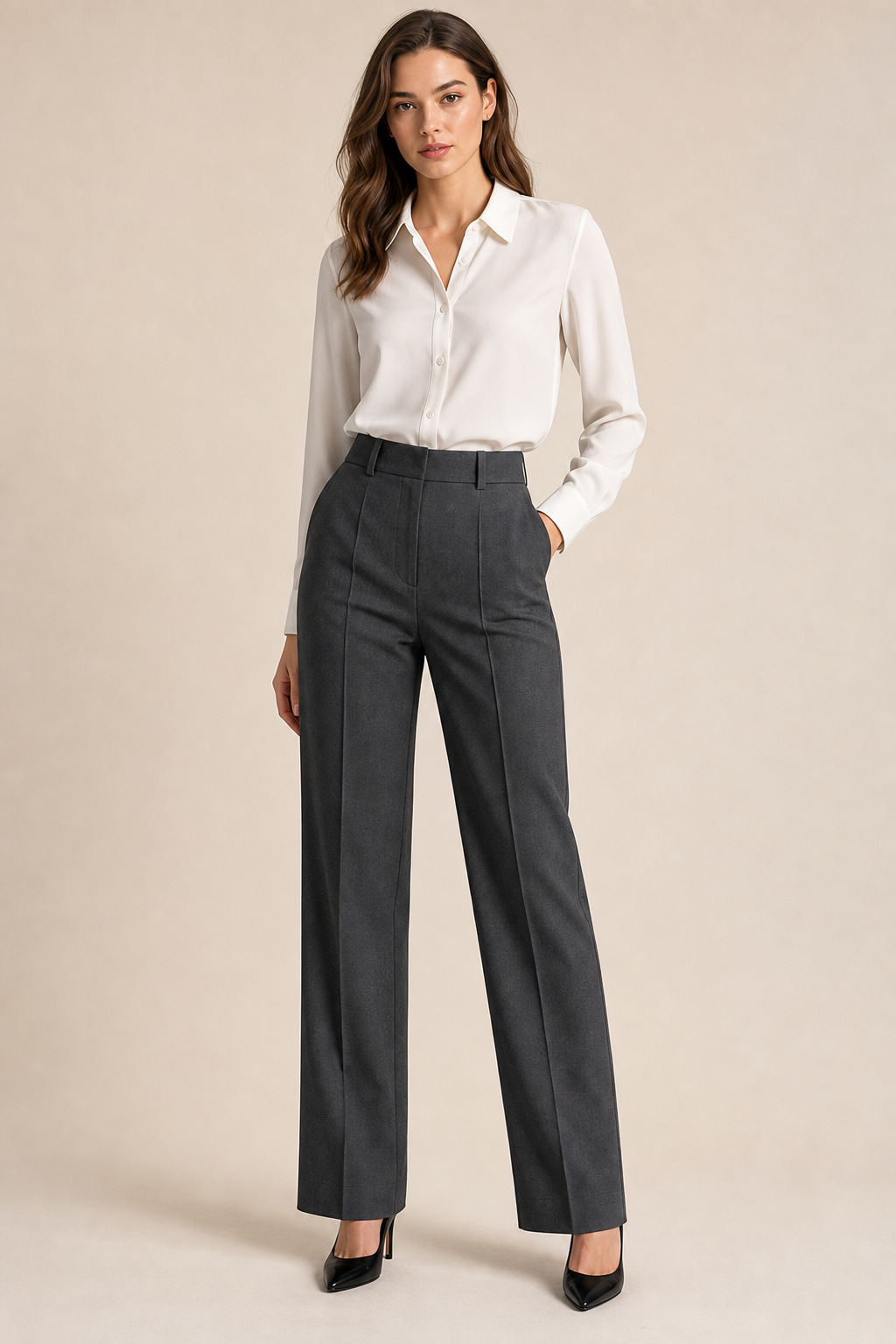 High-rise straight leg tailored trousers in charcoal shown full length