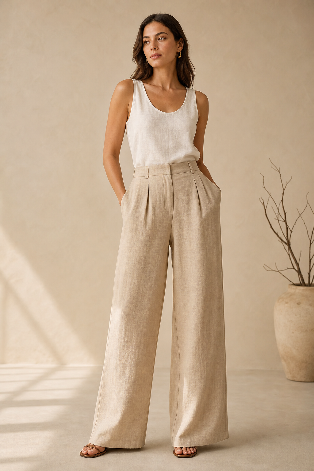 Wide-leg linen blend trousers in warm beige with fluid drape and front pleats