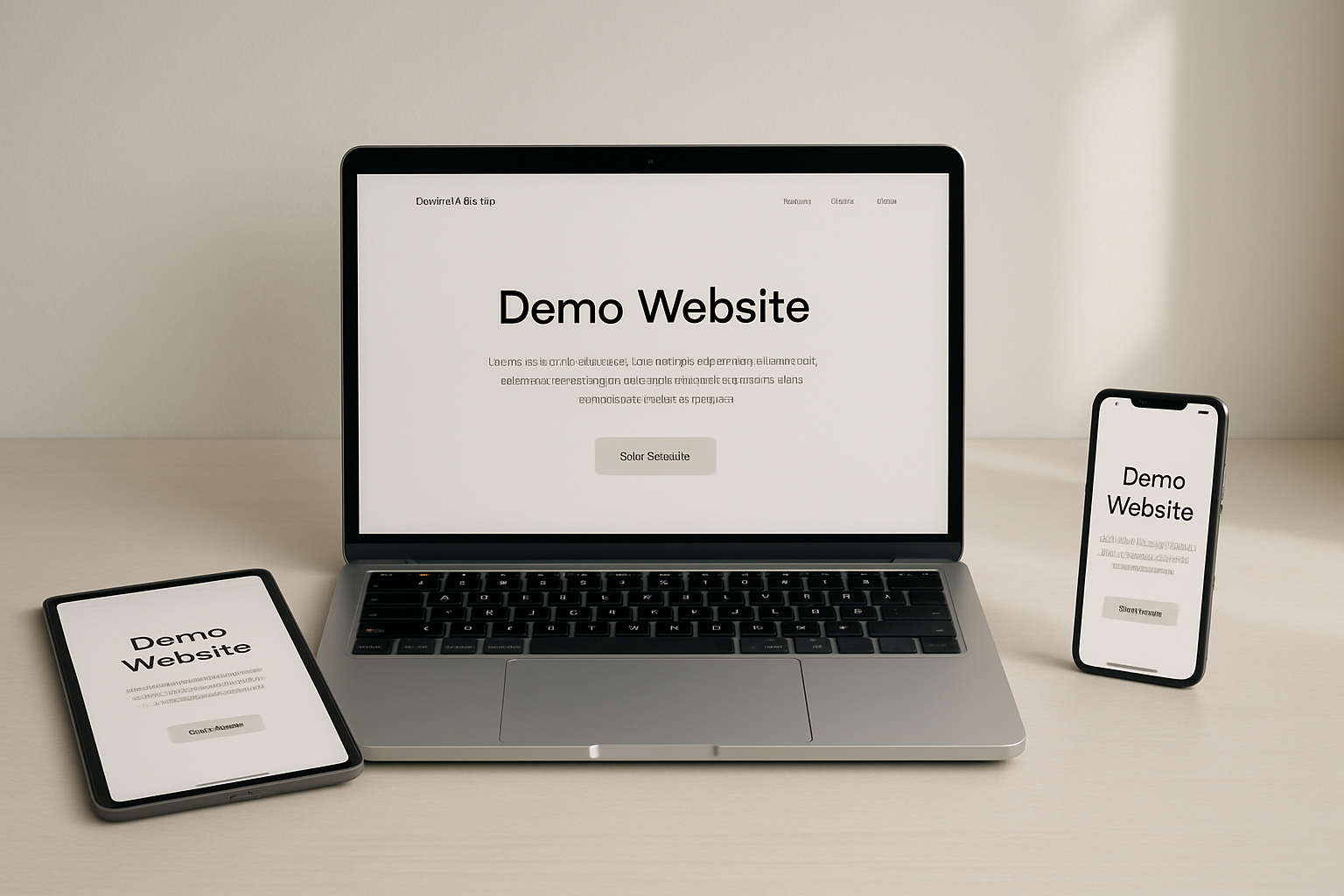 Minimalist workspace mockup showing a laptop, tablet, and smartphone with a clean demo website layout