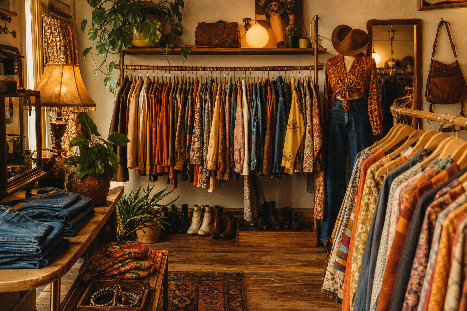 Warmly lit boutique atelier with racks of 70s and 80s clothing, wooden hangers, and soft film-like atmosphere