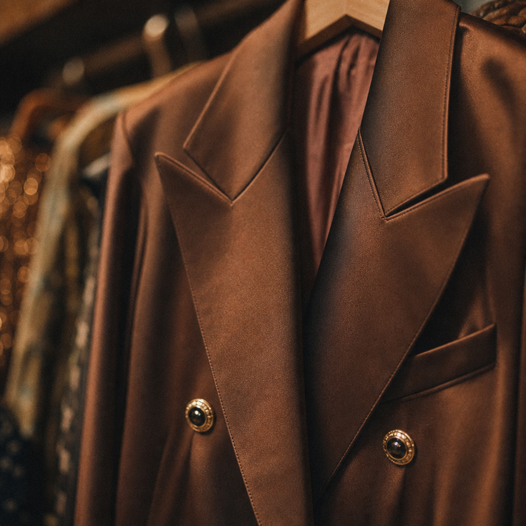 Close-up of a vintage satin blazer with bold 80s lapel, golden buttons, and rich texture