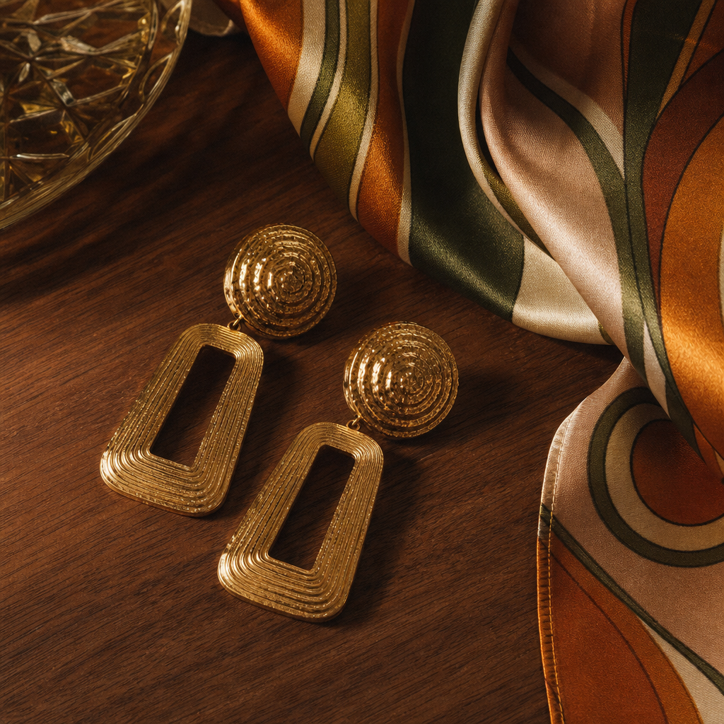 Close-up of vintage gold statement earrings and a patterned silk scarf on a wooden table