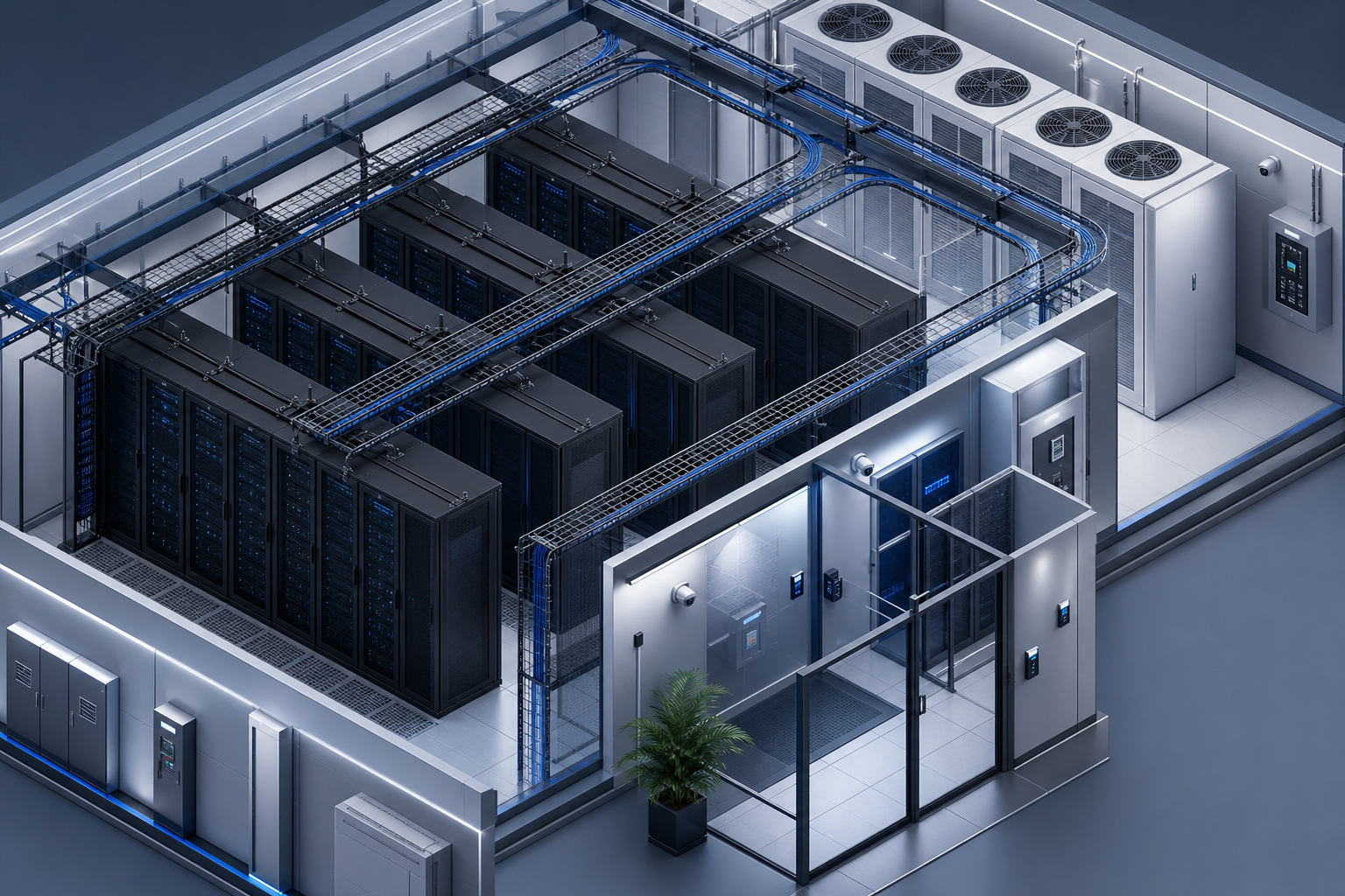 Isometric rendering of a modern enterprise data centre with modular racks, cooling units, and a secure access corridor in a clean technical environment