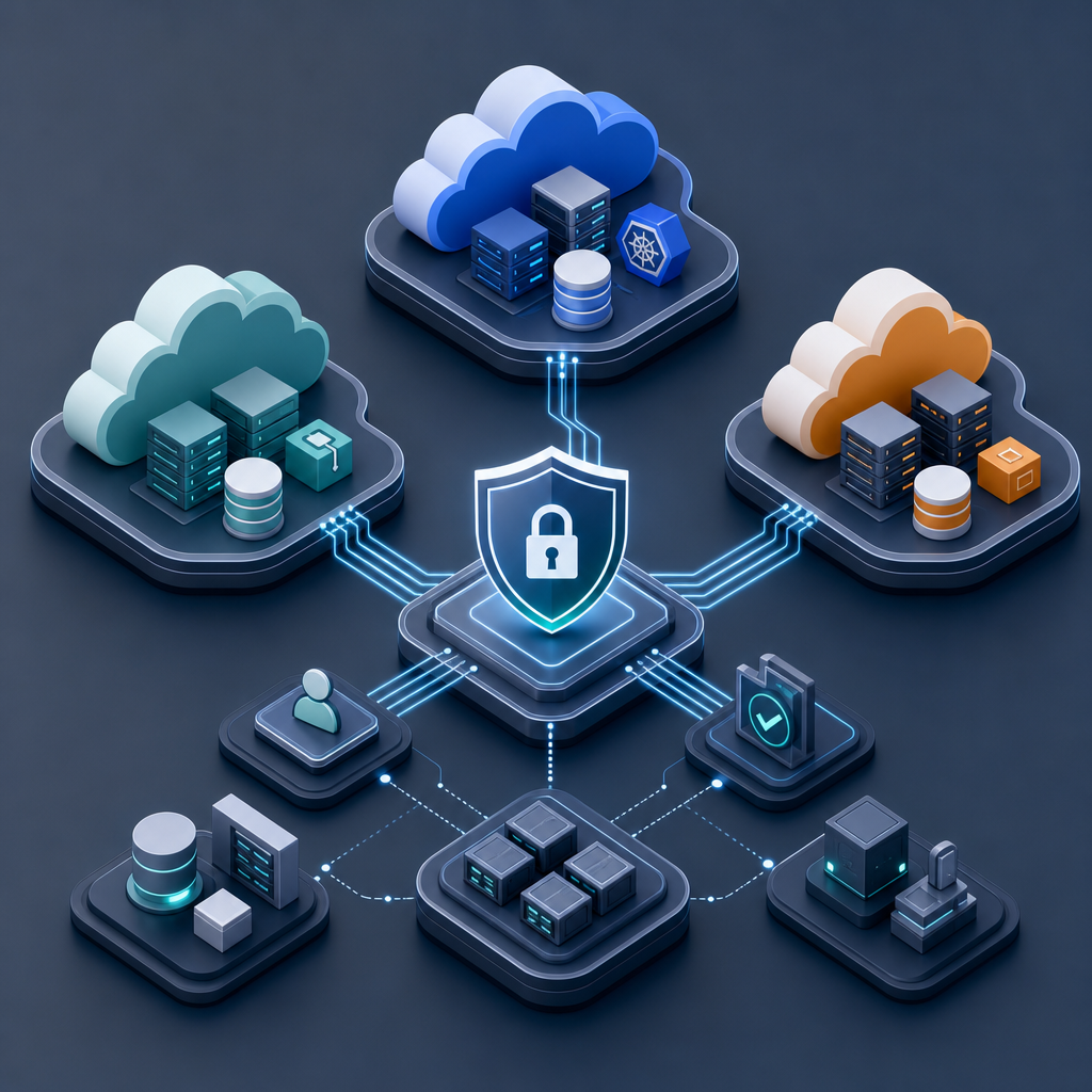 Isometric illustration of interconnected cloud platforms, secure data flows, and infrastructure nodes in a modern enterprise environment
