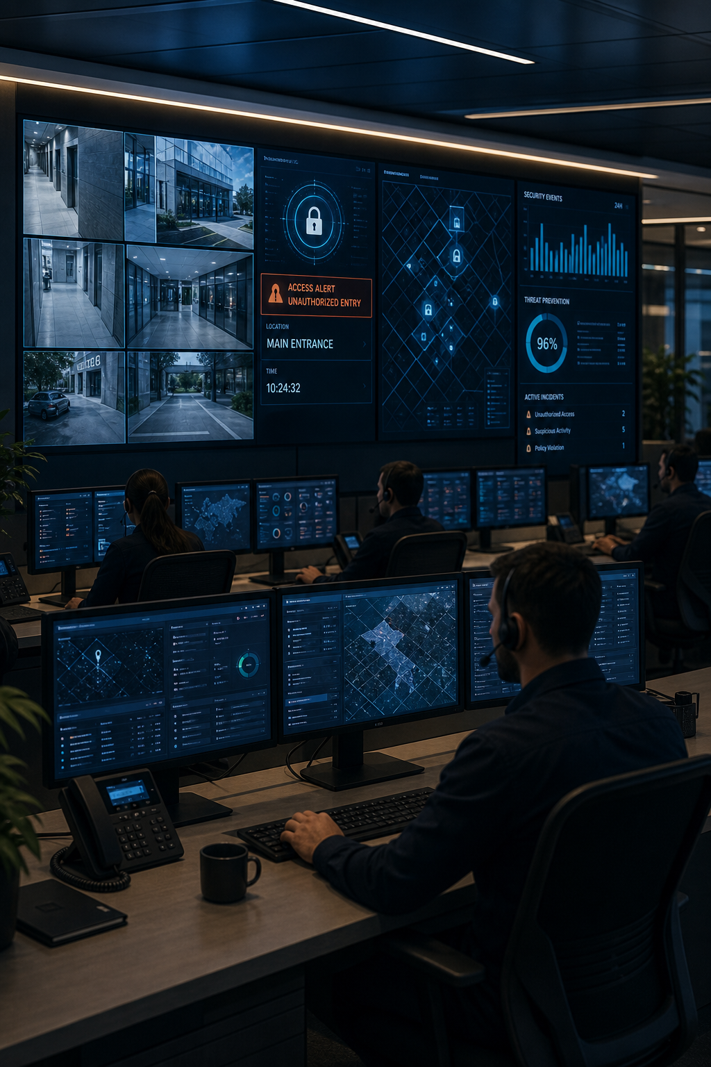 Enterprise security operations room with operator consoles, entry alerts, camera feeds, and integrated access control dashboards