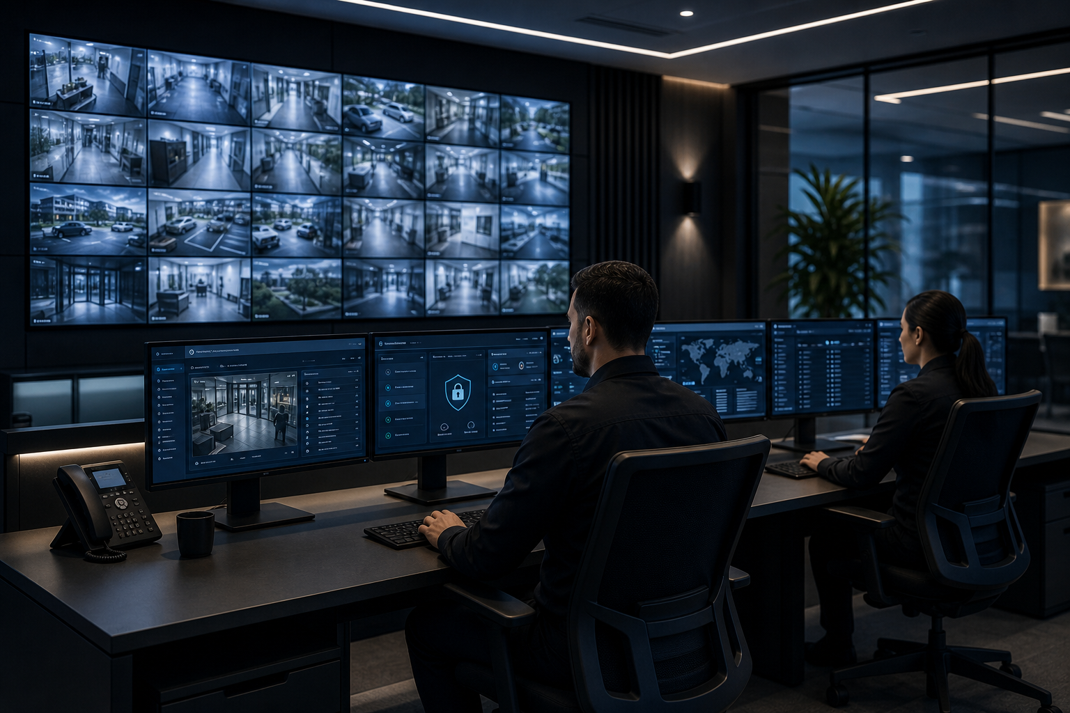 Premium enterprise security control room with wall-mounted CCTV feeds, operators at consoles, access-control dashboards, and a modern secure operations environment