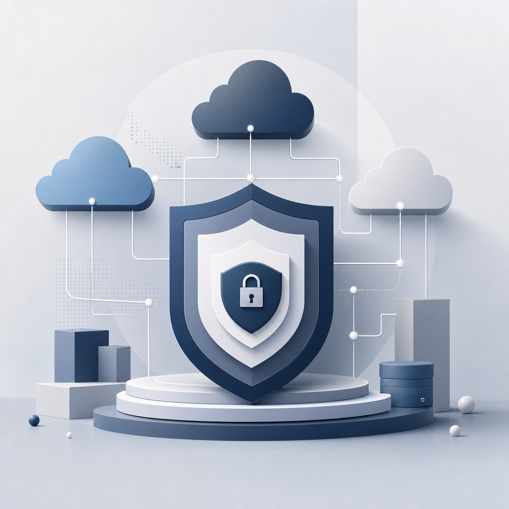 Abstract illustration of a secure multi-cloud architecture with layered shields, network lines, and cloud nodes