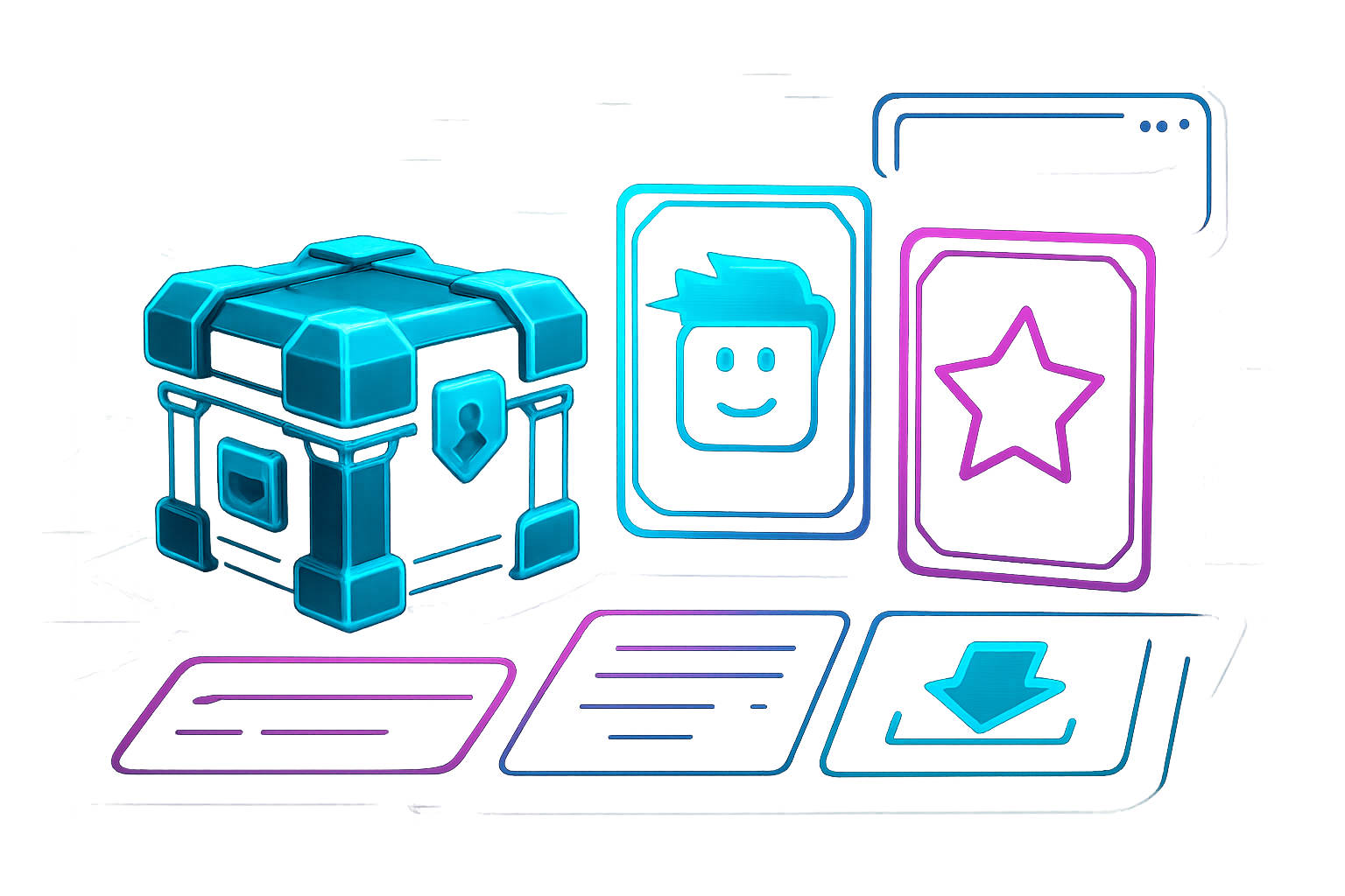 Stylized Roblox-inspired collectible download artwork with neon crate icons, holographic badges, and digital loot cards on a dark futuristic interface