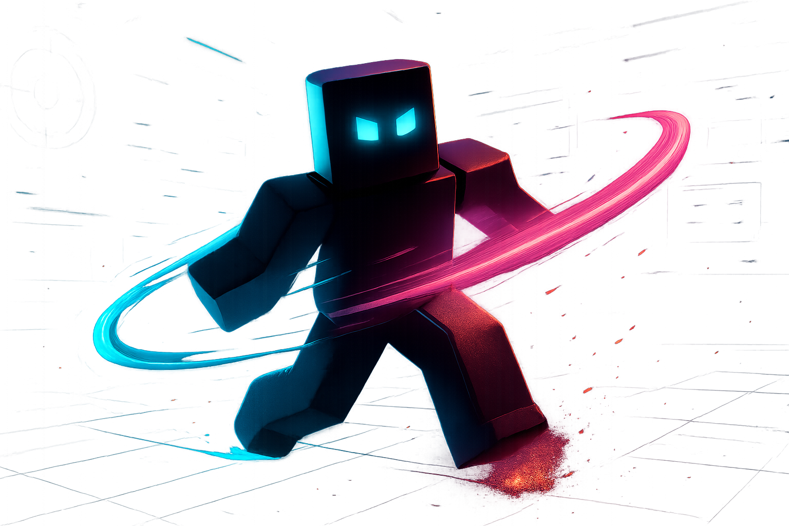 Stylized Roblox-inspired video reel scene with dynamic editing streaks, futuristic HUD overlays, and a neon gaming atmosphere
