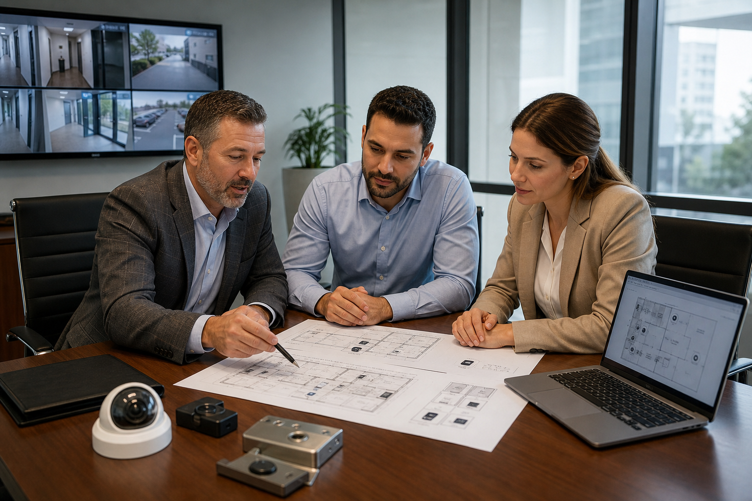 Security systems consultation in a commercial office with technical representatives reviewing surveillance and access control plans