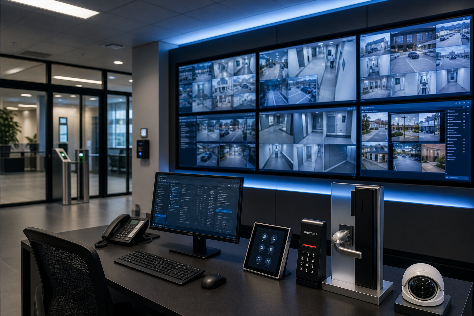 Modern commercial security operations space with access-control terminals, wall-mounted surveillance monitors, and clean technical lighting