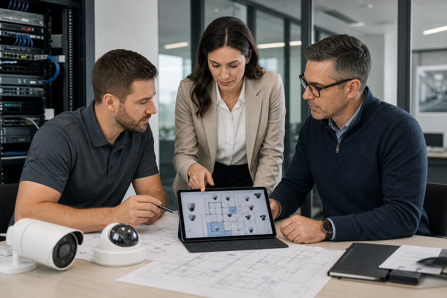 Security professionals reviewing regional project plans and product category fit in a modern commercial office
