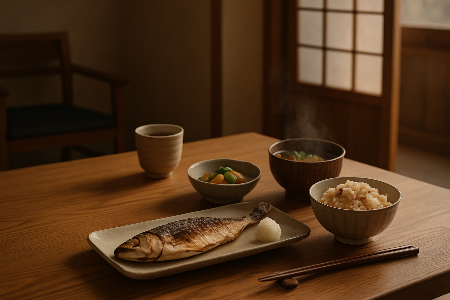 木目の食卓に季節の和食が丁寧に並び、やわらかな自然光が差し込む静かな和モダンの食卓風景
