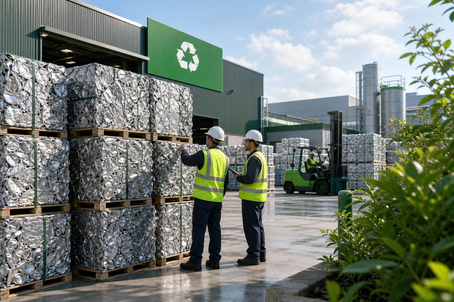Stacks of compacted aluminum bales at a clean, modern recycling yard with workers in safety gear