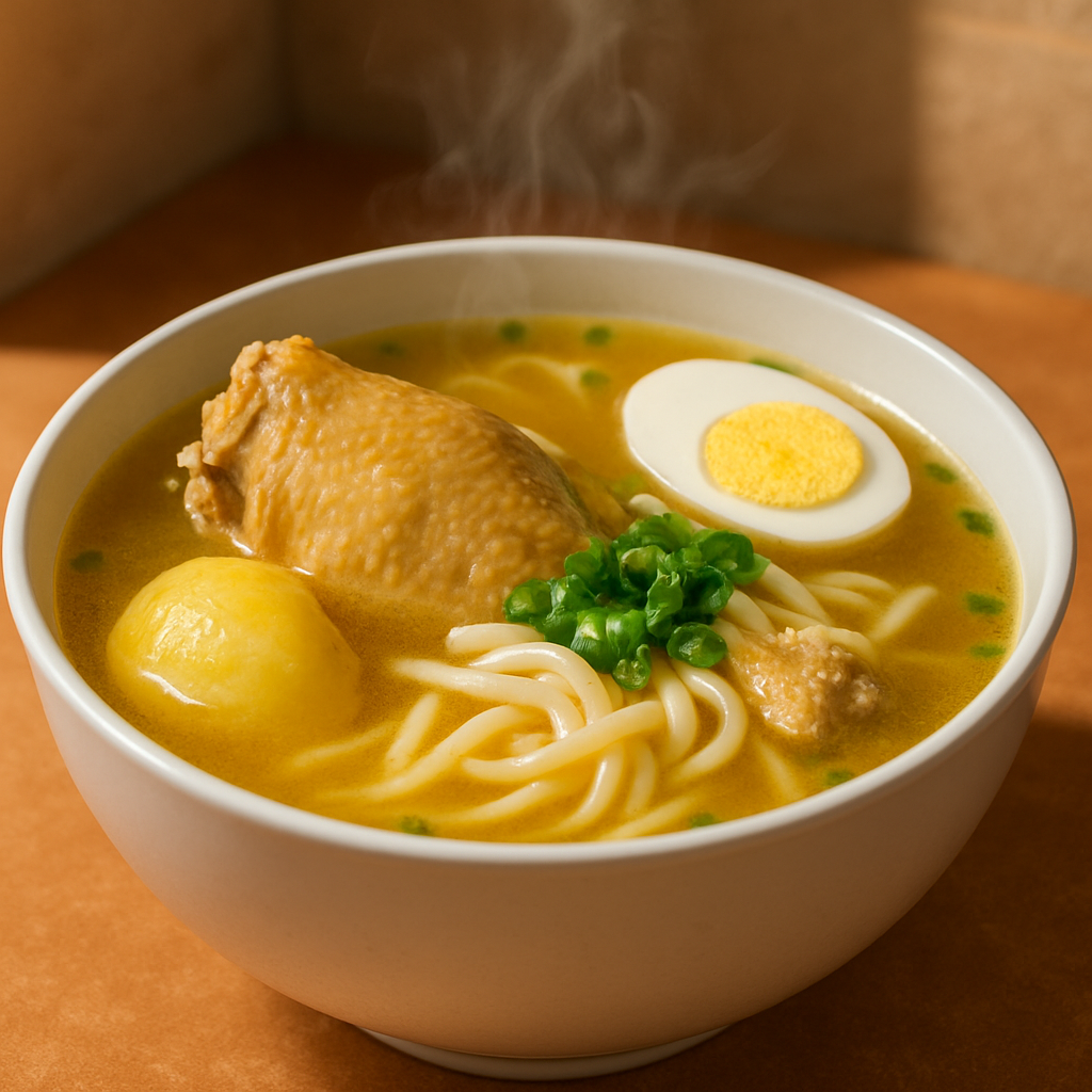 Caldo de gallina especial ELKEN servido en un tazón grande, con caldo dorado humeante, presa de gallina, huevo duro, fideos gruesos y papa, decorado con cebollita china fresca, fondo cálido y apetitoso.