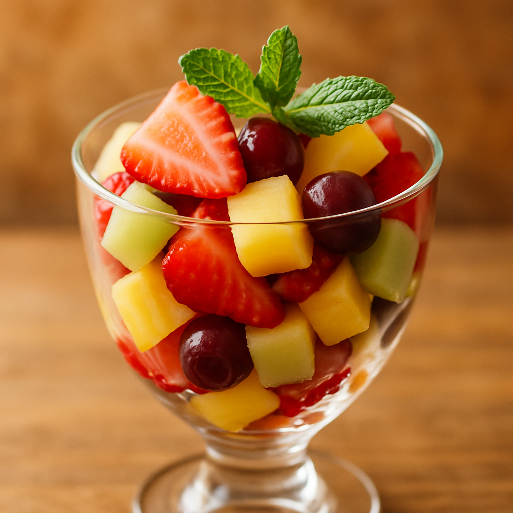 Copa de frutas frescas de temporada: trozos de fresas, melón, piña y uvas, servidas en copa de vidrio y decoradas con hojas de menta.