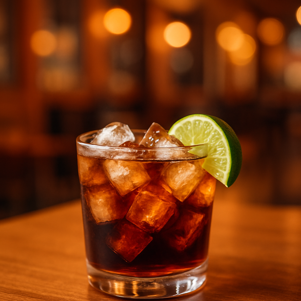 Cuba libre en vaso corto con lima y hielo, vaso sin ninguna marca ni texto, fondo cálido y urbano, estilo ELKEN