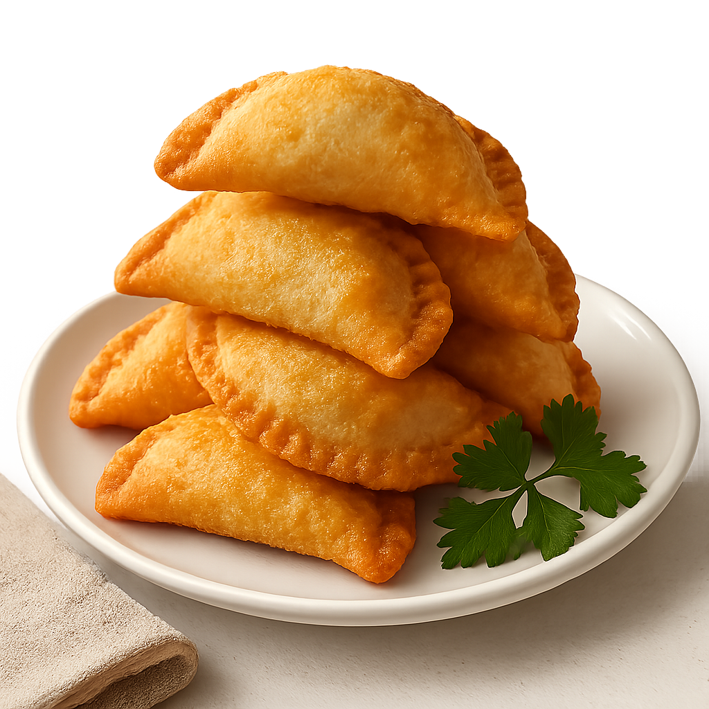 Empanaditas doradas y crujientes rellenas, apiladas decorativamente sobre un plato blanco, acompañadas de una ramita de perejil y servilleta. Fondo blanco o transparente, aspecto apetitoso y casero.