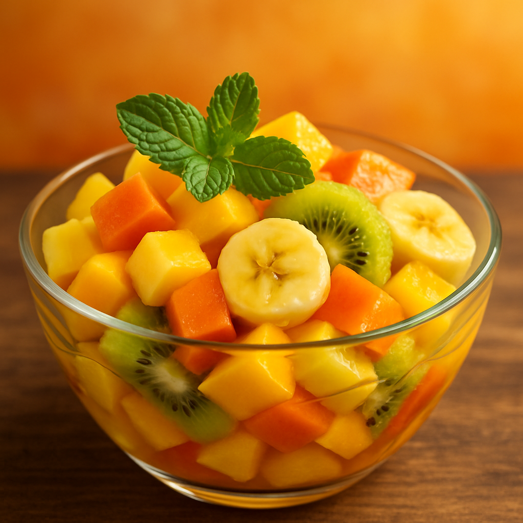 Ensalada de frutas tropicales: trozos de mango, papaya, piña, kiwi y plátano mezclados con miel, servidos en bowl transparente, decorado con hojas de menta.