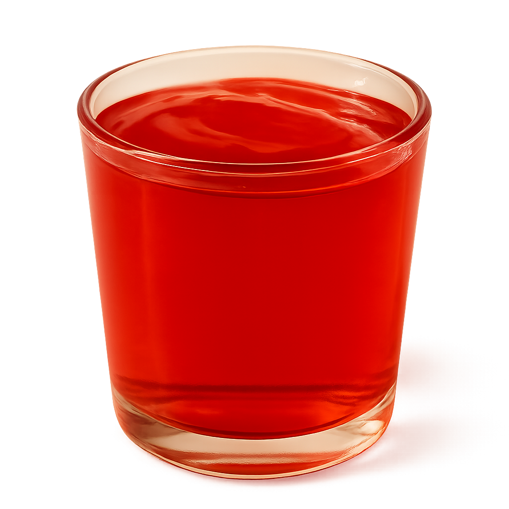 Vaso transparente con gelatina de fresa color rojo brillante, textura lisa y apetitosa, sin fruta ni toppings, fondo blanco o transparente.