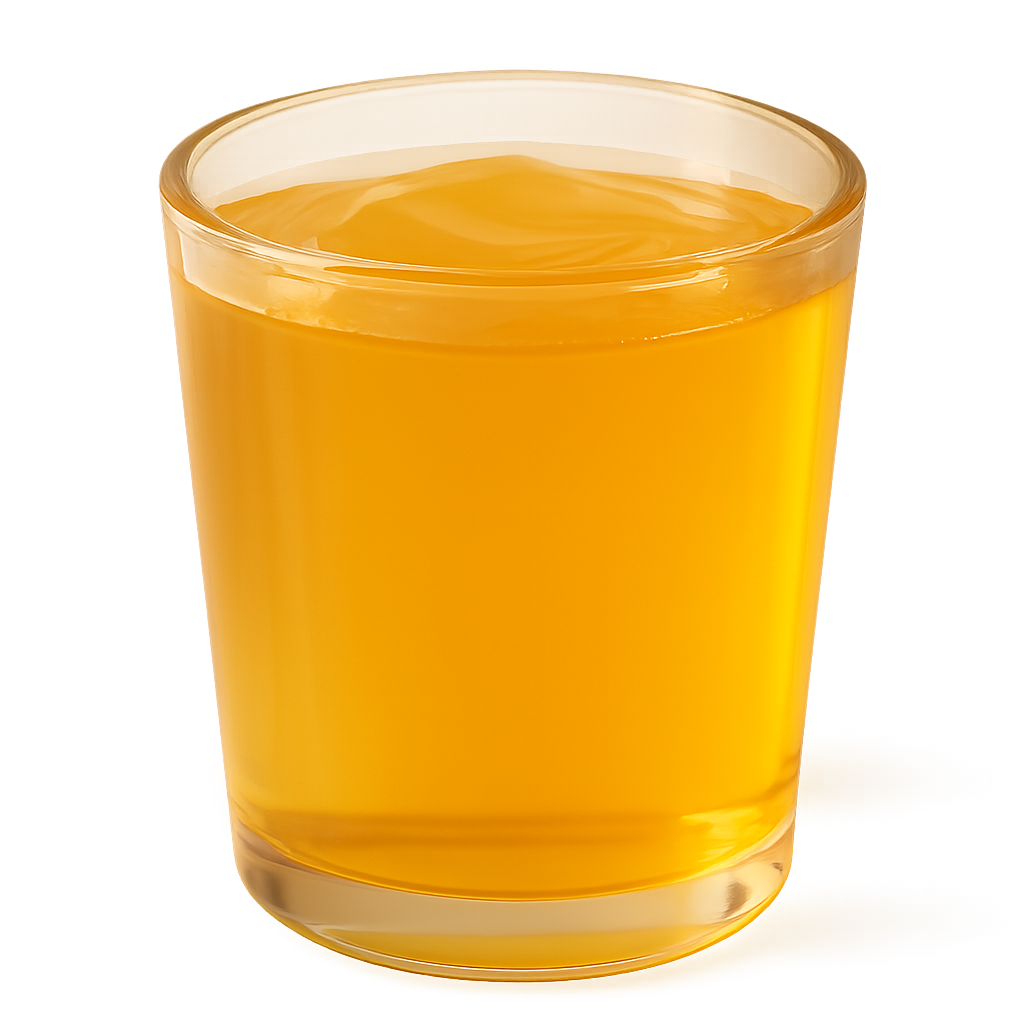 Vaso transparente con gelatina de piña color amarillo dorado, textura lisa y apetitosa, sin fruta ni toppings, fondo blanco o transparente.