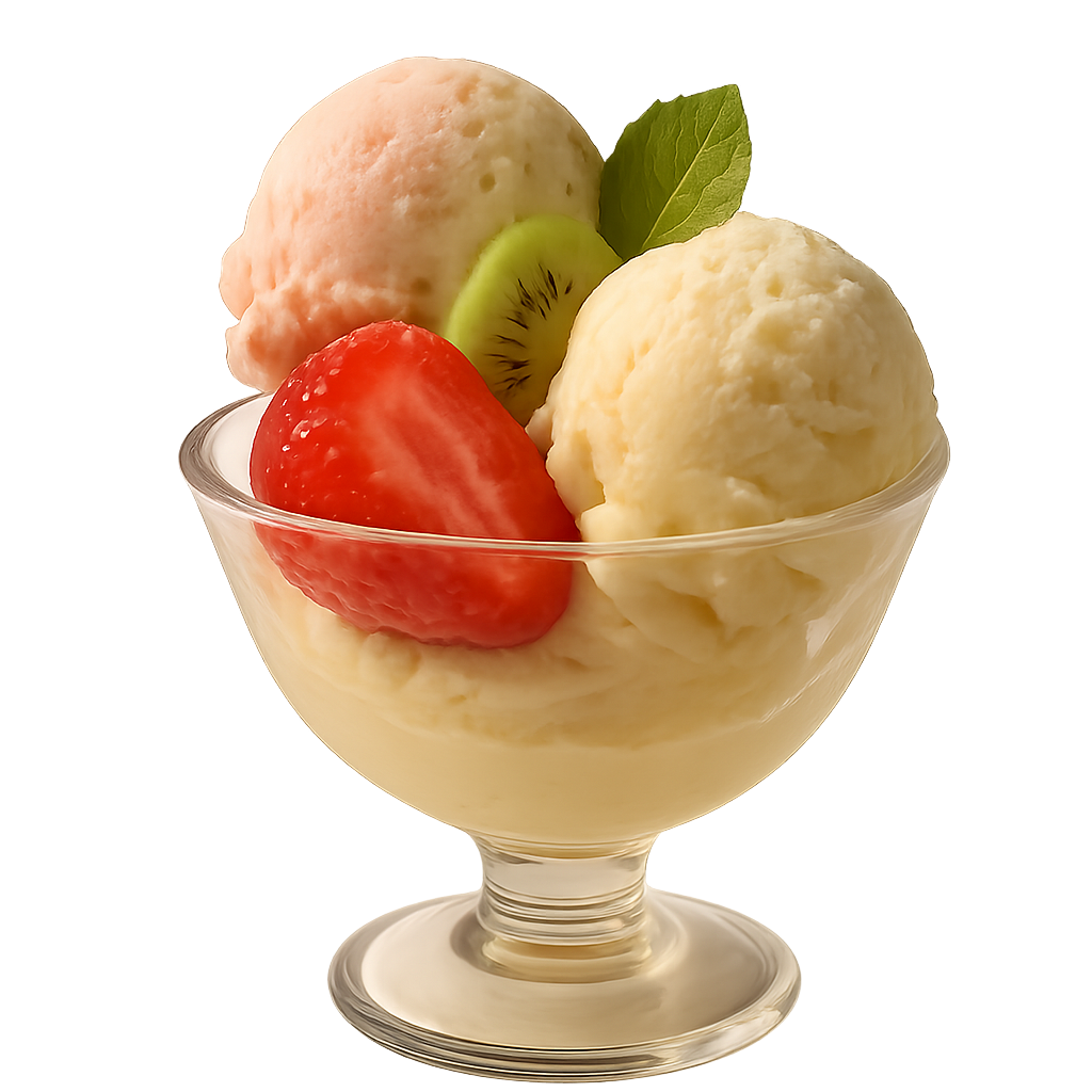 Helado artesanal cremoso de sabores naturales, servido en copa con frutas frescas y hojas de menta. Fondo eliminado y transparencia detrás.