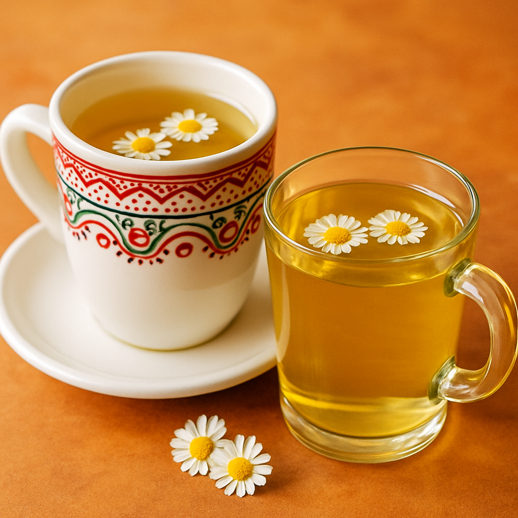 Infusión de manzanilla en taza peruana