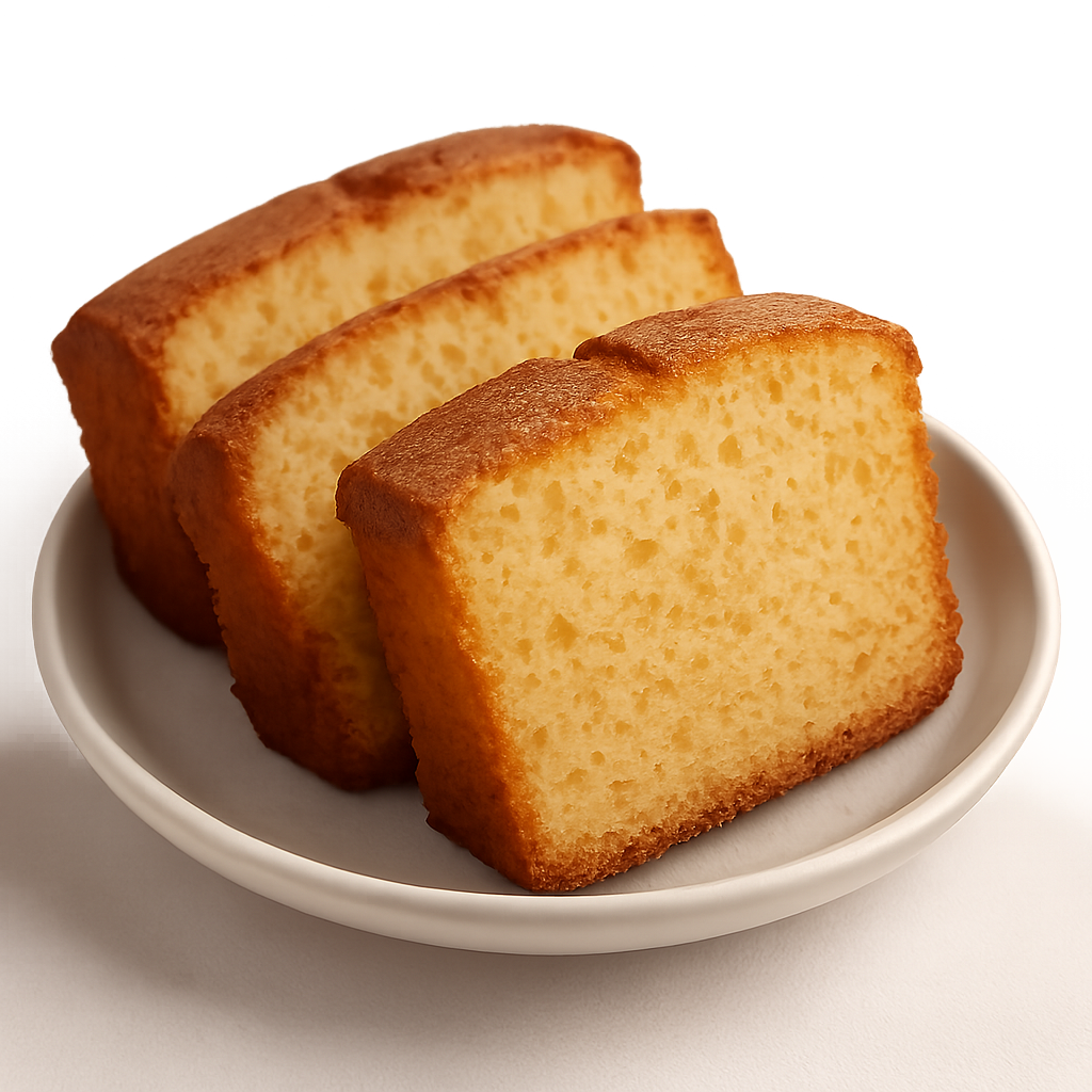 Porciones de keke peruano tradicional cortadas en tajadas, mostrando la textura esponjosa y dorada, sin cobertura blanca, servidas sobre un platillo pequeño. Fondo blanco o transparente, aspecto casero y apetitoso.