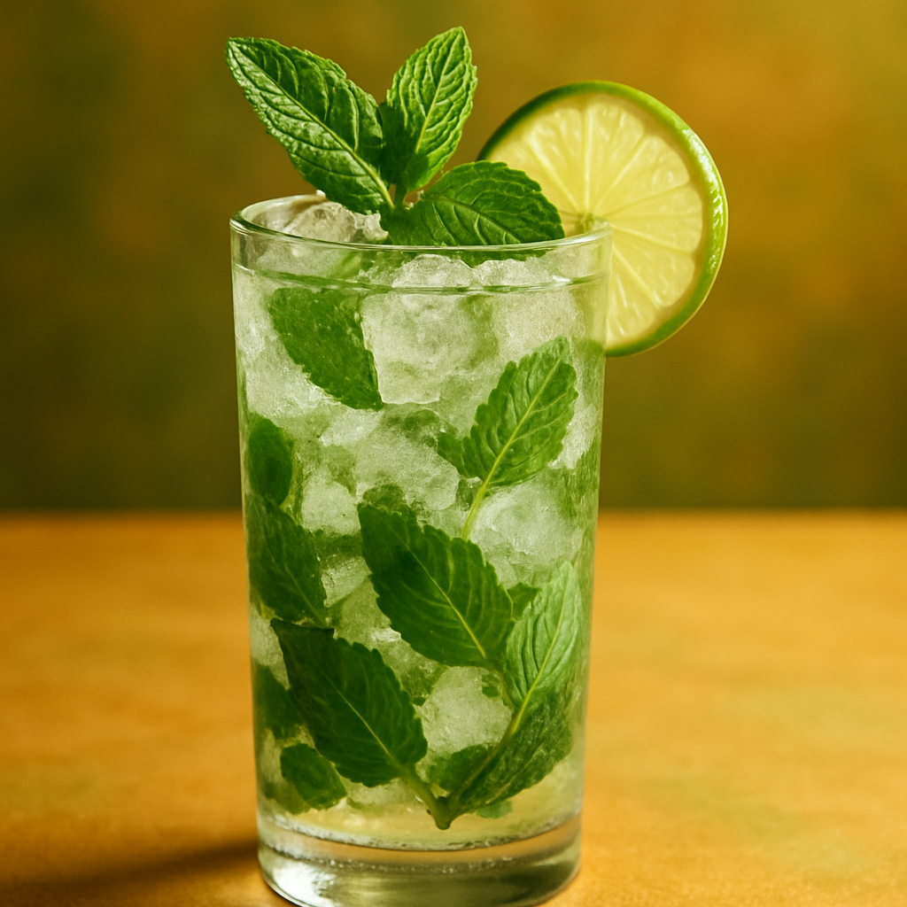 Mojito fresco con menta, lima y hielo en vaso alto, fondo apetitoso ELKEN