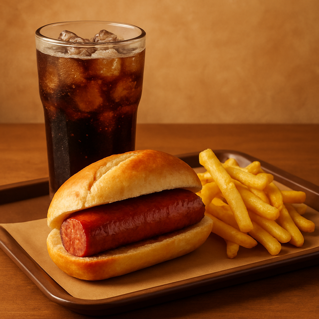 Combo de pan con chorizo artesanal al estilo peruano acompañado de un vaso de gaseosa grande y papas fritas, todo presentado en fondo cálido y apetitoso, resaltando ambos productos juntos.