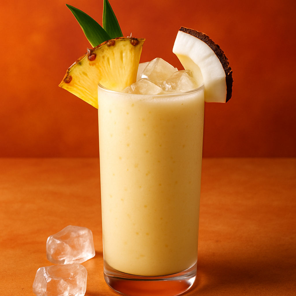 Piña colada servida en vaso alto con piña, coco y hielo, fondo moderno y cálido marca ELKEN