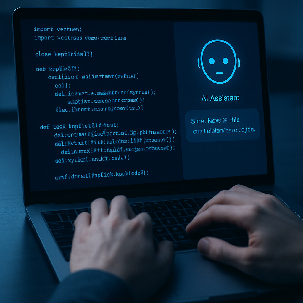 Hands typing code for automated tests, AI assistant on screen