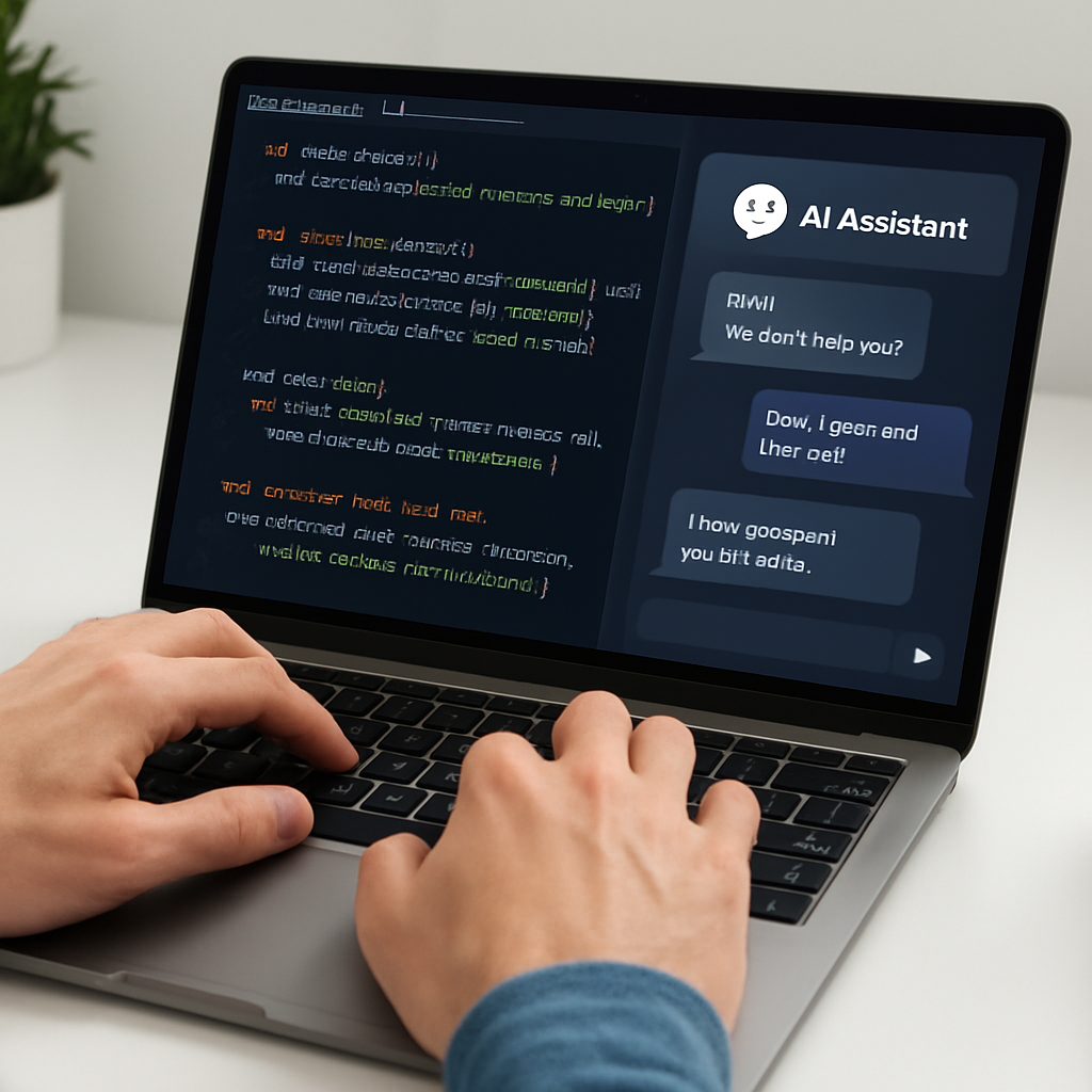 Hands typing code for automated tests, AI assistant on screen