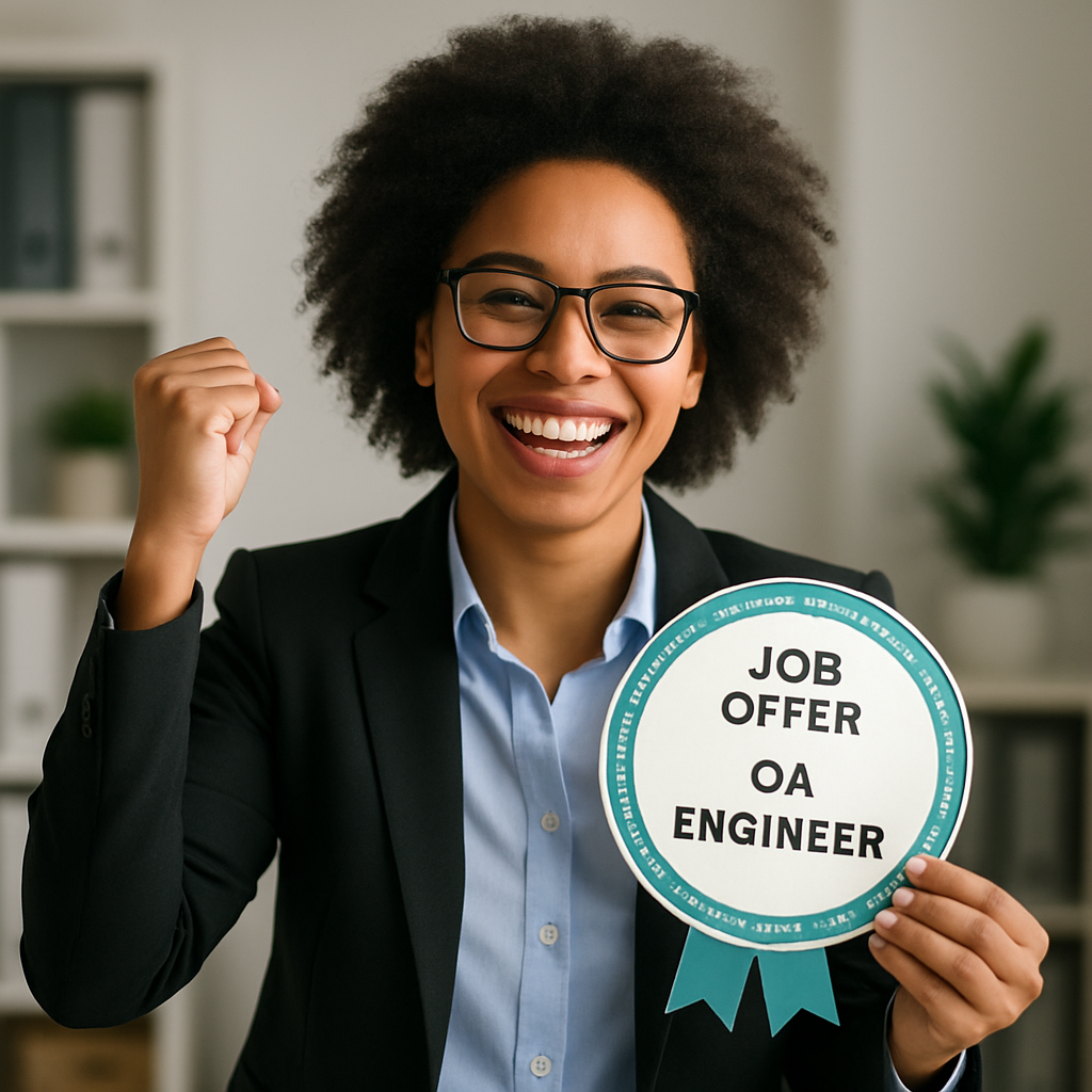 Confident QA engineer celebrating job offer, digital badge visible